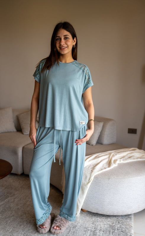 Women summer pajama set Pistache Lace shirt + Pants